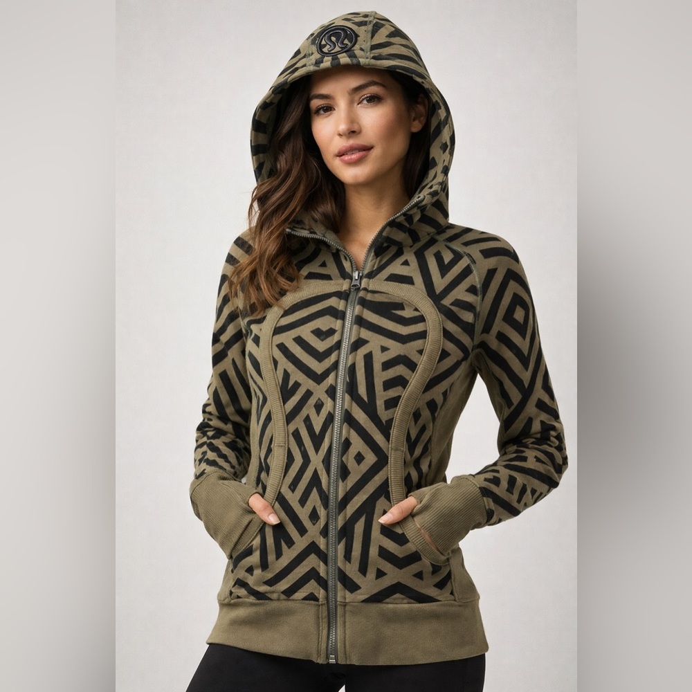 Lululemon Scuba Hoodie Tribal Print Olive Green Black Zip Up Thumbholes Size 4